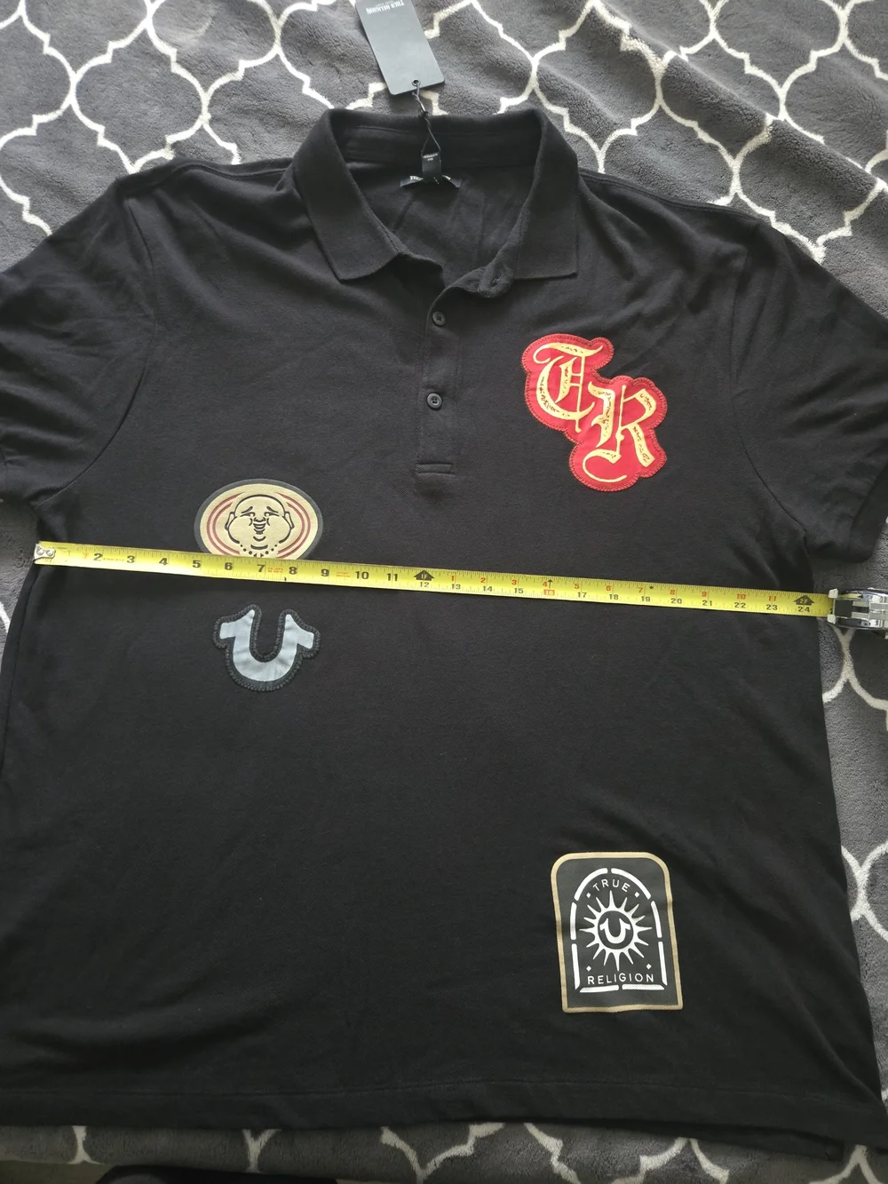 True Religion Black Polo with Red & Gold Embroidered Patches